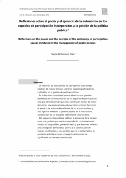 Reflexiones sobre el poder y el ejercicio de la autonomía en los espacios  de participación incorporados a la gestión de la política pública
